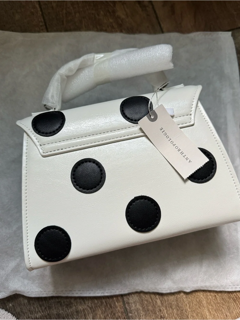 NWT Anthropologie Mellie Bianco Satchel with Black Polka Dots